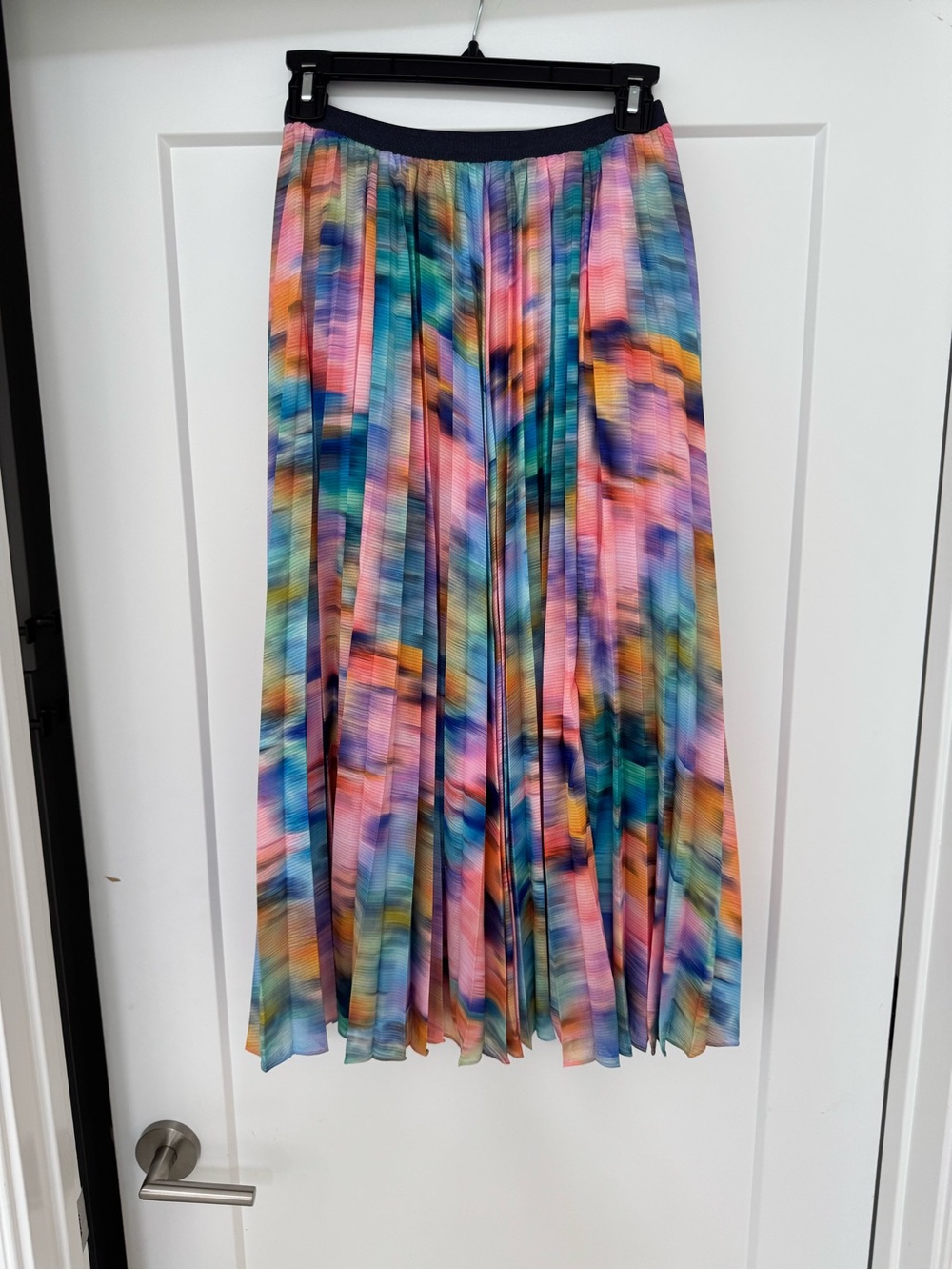 Tanya Taylor Pleated Maxi Skirt in Pink, Blue & Orange Watercolor Print